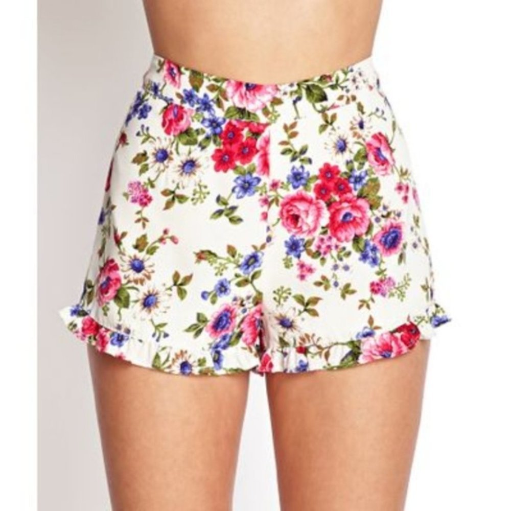 Forever 21 White Floral Ruffle Shorts Pink Blue Flowers L Spring Hidden Zipper - Picture 1 of 9
